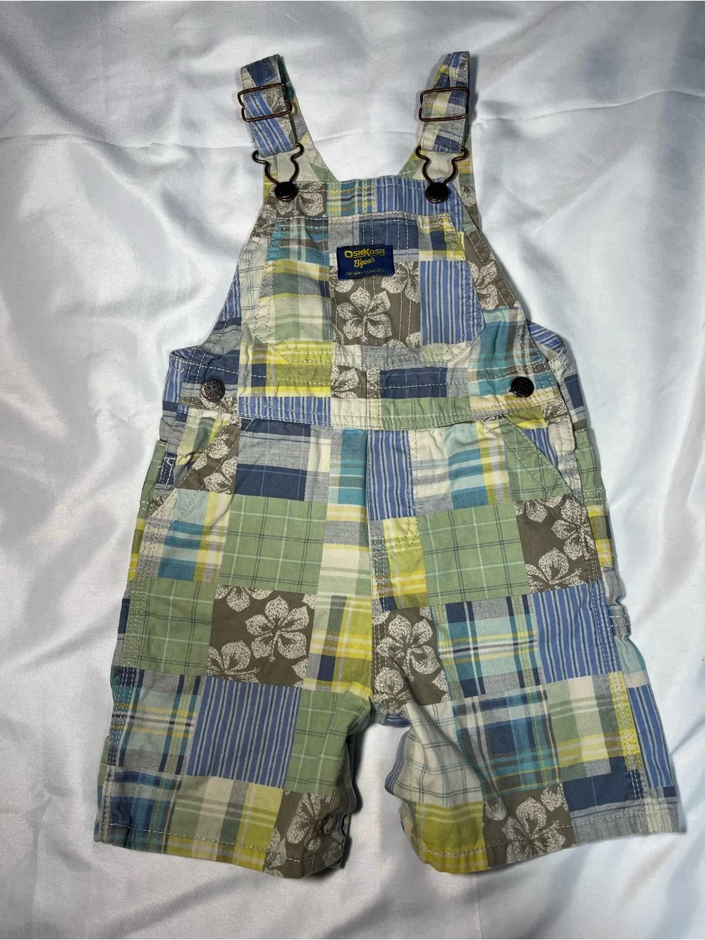 Vintage OshKosh Short Overalls 24M Patchwork Plaid Hawaiian Romper Vestbak‎